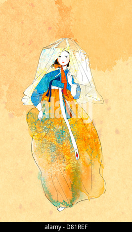 An illustration showing traditional Korean clothing. Stock Photo