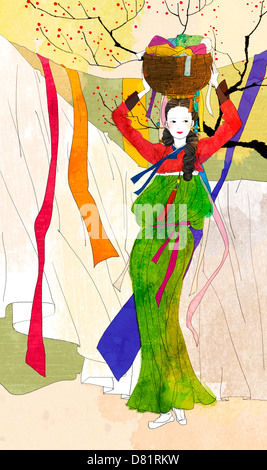 An illustration showing traditional Korean clothing. Stock Photo