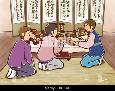 An illustration showing a Korean family engaging in a traditional activity. Stock Photo