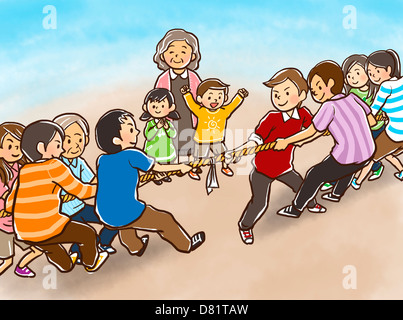 An illustration showing a Korean family engaging in a traditional activity. Stock Photo