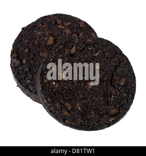 Black Pudding - Sausage made with pig's blood, oatmeal and spices isolated on a white background. Typical British cuisine. Stock Photo