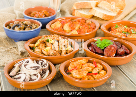 Tapas - chorizo al vino, gambas pil pil, patatas bravas, albondigas, setas al ajillo, pollo al limon, rollitos de pollo. Stock Photo