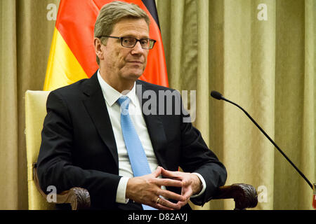 Jerusalem, Israel. 17th May 2013. German FM, Guido Westerwelle, thanks President Peres for his welcome and makes a statement on central issues in the region, strengthening cooperation between the countries and expresses support for US Kerry's peace initiative. Jerusalem, Israel. 17-May-2013.  Israeli President Shimon Peres hosts Minister of Foreign Affairs of the Federal Republic of Germany, Guido Westerwelle, for a diplomatic work meeting at the Presidents' Residence. Credit:  Nir Alon / Alamy Live News