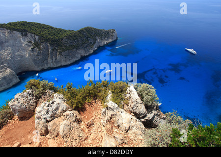 View of Navagio Beach also known as Shipwreck Cove or Smugglers bay, Zakynthos Island, Zante, Greece, Europe. Stock Photo