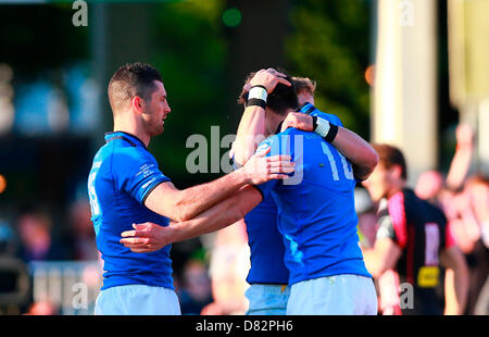 Dublin, Ireland. 17th May 2013. Ian Madigan (Leinster) celebrates with Johnny Sexton (Leinster) and Rob Kearney (Leinster) during the Amlin Cup Final between Leinster and Stade Francais from the Royal Dublin Society. Credit:  Action Plus Sports Images / Alamy Live News Stock Photo