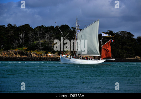 Traditional fishing boat : Biche (dundee tuna, Groix island, 1934, Brittany, France), sailing in Morbihan gulf. Stock Photo