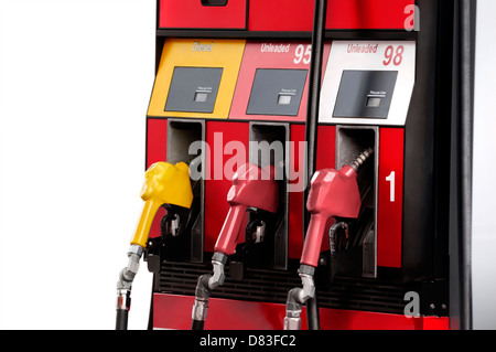 Gas pump with unleaded 95 and 98 petrol, regular and premium gasoline, and diesel fuel isolated on white background Stock Photo