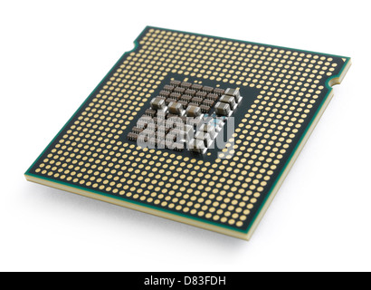 Intel CPU Core 2 Quad Q6600 Quad core computer processor closeup LGA775 socket contacts isolated on white background Stock Photo