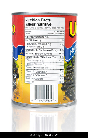 Nutrition Facts food lable on a can of haricot black beans in English and French Canadian product Isolated on white background Stock Photo