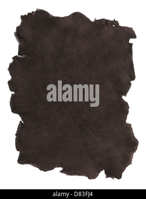 Patch of brown natural leather with rough edges closeup texture isolated on white background Stock Photo