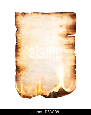 Burning blank piece of yellowish stained parchment isolated on white background Stock Photo
