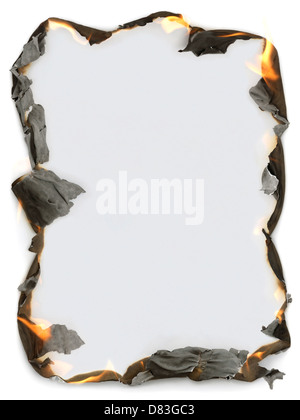Sheet of blank paper with burning edges making a frame. Isolated on white background with clipping path. Stock Photo