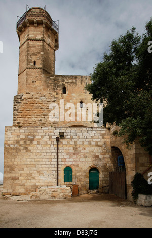 View of Nabi Samwil mosque built over the tomb of Samuel the traditional burial site of the biblical Hebrew and Islamic prophet Samuel, located adjacent to the Palestinian village of Nabi Samwil at the outskirts of Jerusalem in the West Bank, Israel. Stock Photo