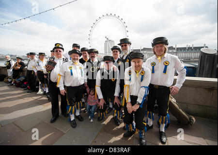 London, UK. 18th May 2013. The Ravensbourne Morris Men pose at Victoria Embankment Steps during the Westminster Day of Dance taking place in various locations within Westminster. Credit:  Malcolm Park London events / Alamy Live News Stock Photo