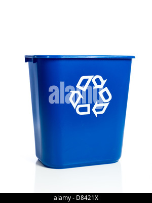 A blue recycling bin on a white background Stock Photo