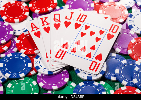 Poker chips and cards closeup on green cloth Stock Photo