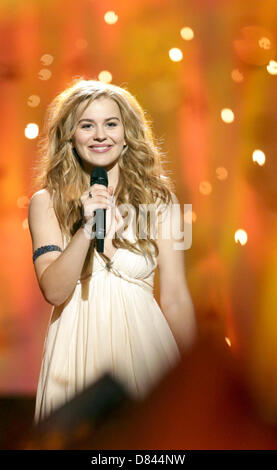 Singer Emmelie de Forest representing Denmark performing during the Grand Final of the Eurovision Song Contest 2013 in Malmo, Sweden, 18 May 2013. The annual event is watched by millions of television viewers who also take part in voting. Photo: Joerg Carstensen/dpa Stock Photo