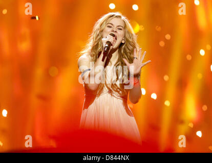 Singer Emmelie de Forest representing Denmark performing during the Grand Final of the Eurovision Song Contest 2013 in Malmo, Sweden, 18 May 2013. The annual event is watched by millions of television viewers who also take part in voting. Photo: Joerg Carstensen/dpa Stock Photo