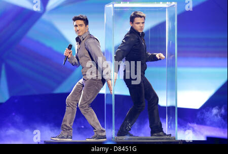 Singer Farid Mammadov (L) representing Azerbaijan performing during the Grand Final of the Eurovision Song Contest 2013 in Malmo, Sweden, 18 May 2013. The annual event is watched by millions of television viewers who also take part in voting. Photo: Joerg Carstensen/dpa Stock Photo