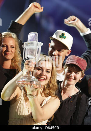 Singer Emmelie de Forest representing Denmark celebrates after winning the Grand Final of the Eurovision Song Contest 2013 in Malmo, Sweden, 18 May 2013. The annual event is watched by millions of television viewers who also take part in voting. Photo: Joerg Carstensen/dpa Stock Photo