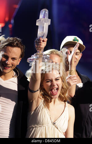 Singer Emmelie de Forest representing Denmark celebrates after winning the Grand Final of the Eurovision Song Contest 2013 in Malmo, Sweden, 18 May 2013. The annual event is watched by millions of television viewers who also take part in voting. Photo: Joerg Carstensen/dpa Stock Photo