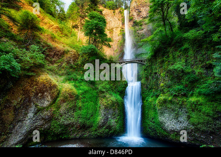 A landscape of the beautiful Multnomah Falls in Oregon.  A tall waterfall in nature. Stock Photo