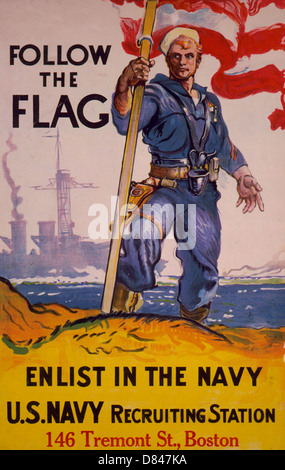 Follow the flag, enlist in the Navy, U.S. Navy recruiting station, 146 Tremont St., Boston - Summary: Sailor holding U.S. flag on shore. WWI Recruiting Poster, 1917 Stock Photo