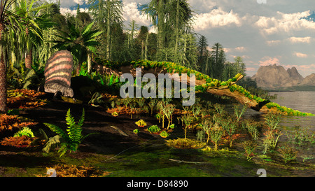 A Dimetrodon roams the Mid-Permian Period, circa 250 million years ago. Stock Photo