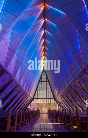 Blue ceiling and walls of the US Air Force Academy Chapel in Colorado Springs, Colorado Stock Photo