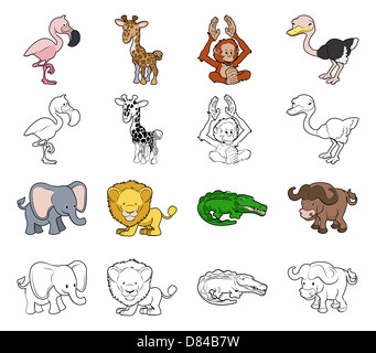 A set of cartoon safari animal illustrations. Color and black an white outline versions. Stock Photo