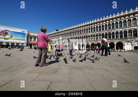 Tourist feeding pigeons at St Mark's Square - Venice, Italy Stock Photo