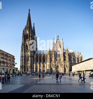 The famous cologne cathedral in Germany during daytime with tourists in the foreground. Perspective corrected panorama. Stock Photo