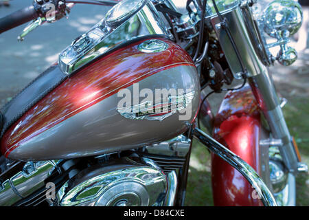 Wroclaw, Poland. Sunday 19th May 2013. Detail of Harley Davidson motorcycle parked in the city during 'Harley-Davidson Super Rally 2013' Stock Photo