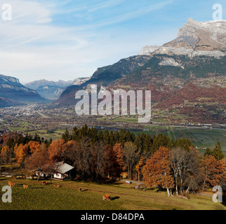 Colorful French Alps Landscape, Arve Valley, Sallanches on the background.Views from Comboux Mountain Side. Stock Photo