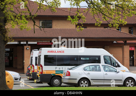 Ambulances waiting queueing outside A&E Accident and Emergency department of Telford Hospital in Shropshire West Midlands England UK Britain Stock Photo