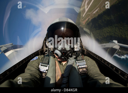 View from the cockpit of an F-16 Block 30 pulling G's. Stock Photo