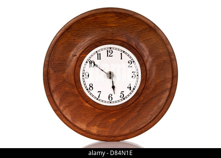Old wooden clock isolated on white background Stock Photo