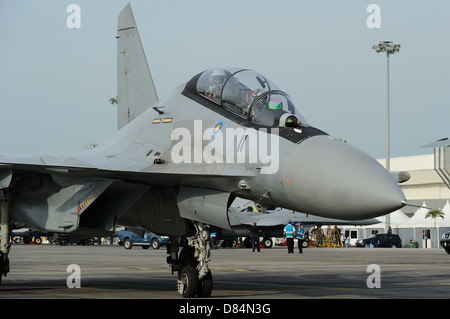 March 31, 2013 - A Sukhoi Su-30MKM of the Royal Malaysian Air Force taxiing at Langkawi Airport, Malaysia. Stock Photo