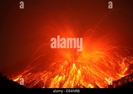 Powerful night time explosive eruption of Sakurajima volcano, Japan. Stock Photo