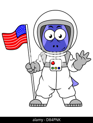 Illustration of a Parasaurolophus astronaut holding American Flag. Stock Photo