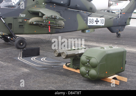 German Army Tiger helicopter and its weaponry, Schoenefeld Airport, Germany. Stock Photo