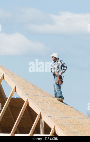 Construction worker standing on the roof of new house. Stock Photo