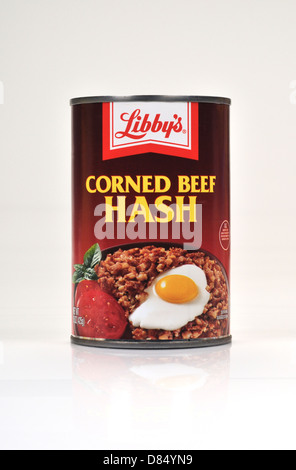 Tin of Corned Beef Hash on white background, cutout. USA Stock Photo