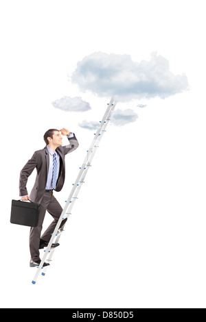 Full length portrait of a businessman with briefcase climbing a ladder towards clouds isolated on white background Stock Photo