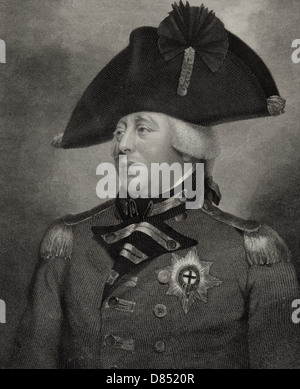 His most excellent majesty George the third, by the grace of god, of the United Kingdom of Great Britain & Ireland, king, defender of the faith. George III, King of Great Britain, head-and-shoulders portrait, facing slightly left, wearing military hat and coat. Stock Photo