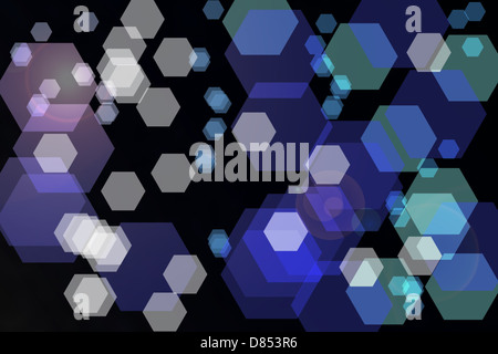 Bokeh abstract black techno background with blue hexagons Stock Photo