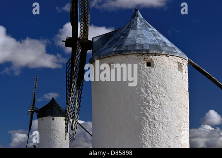 Spain, Castilla-La Mancha: Detail of two windmills of Consuegra Stock Photo