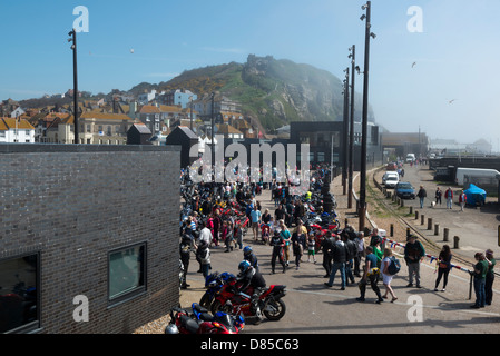 A crowd of May Day Bank Holiday Monday motor bikers at The Stade open space. Hastings old town, East Sussex Stock Photo