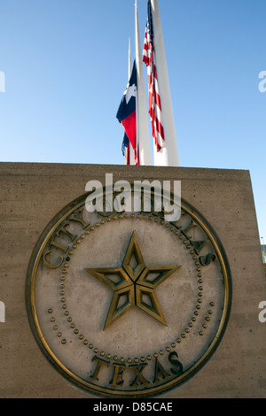 A view of a sign at City Hall Plaza in Dallas, Texas Stock Photo