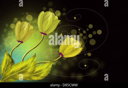 Greeting card with gold flowers. Digital art - drawing. Stock Photo